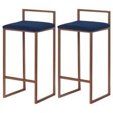 Kit 2 Banqueta Decorativa Selena Base Bronze Veludo Azul - Gran Belo