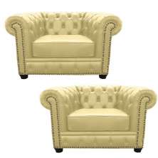 Kit 2 Poltronas Chesterfield com Pés Madeira Couro Bege G40 - Gran Belo
