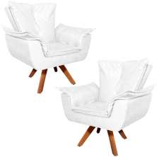Kit 2 Poltronas Decorativas Base Giratória em Madeira Charger PU Branco G19 - Gran Belo