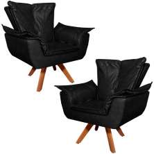 Kit 2 Poltronas Decorativas Base Giratória em Madeira Charger PU Preto G19 - Gran Belo