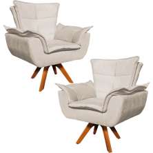 Kit 2 Poltronas Decorativas Base Giratória em Madeira Charger Suede Bege G19 - Gran Belo