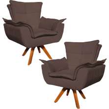 Kit 2 Poltronas Decorativas Base Giratória em Madeira Charger Suede Marrom G19 - Gran Belo