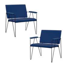 Kit 2 Poltronas Decorativas Base em Aço Preto Eslovenia Linho Azul Marinho G17 - Gran Belo