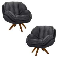 Kit 2 Poltronas Decorativas Base em Madeira Giratória Giroud Veludo Cinza Chumbo G33 - Gran Belo