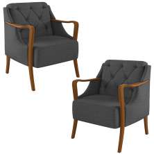 Kit 2 Poltronas Decorativas Braços em Madeira Hand Linho Chumbo G45 - Gran Belo