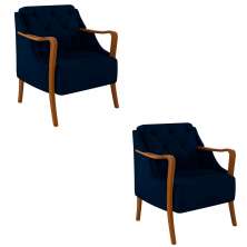 Kit 2 Poltronas Decorativas Braços em Madeira Hand Veludo Azul Marinho G45 - Gran Belo