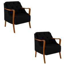 Kit 2 Poltronas Decorativas Braços em Madeira Hand Veludo Preto G45 - Gran Belo
