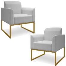 Kit 2 Poltronas Decorativas Isabella Base Industrial Linho Cinza/Dourado G19