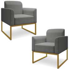 Kit 2 Poltronas Decorativas Isabella Base Industrial Linho Grafite/Dourado G19
