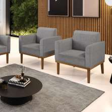 Kit 2 Poltronas Decorativas Isabella Pés Fixo em Madeira Castanho Linho Cinza Mesclado G19 - Gran Belo