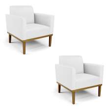 Kit 2 Poltronas Decorativas Isabella Pés Fixo em Madeira Castanho PU Branco G19 - Gran Belo