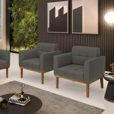 Kit 2 Poltronas Decorativas Karen Pés Fixo em Madeira Castanho Linho Cinza Mesclado G19 - Gran Belo