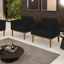 Kit 2 Poltronas Decorativas Karen Pés Fixo em Madeira Castanho Linho Preto G19 - Gran Belo