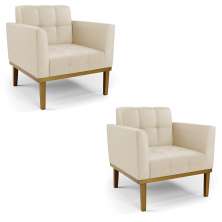 Kit 2 Poltronas Decorativas Karen Pés Fixo em Madeira Castanho PU Bege G19 - Gran Belo