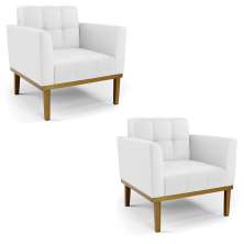 Kit 2 Poltronas Decorativas Karen Pés Fixo em Madeira Castanho PU Branco G19 - Gran Belo