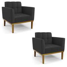Kit 2 Poltronas Decorativas Karen Pés Fixo em Madeira Castanho PU Preto G19 - Gran Belo