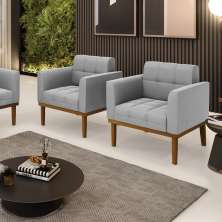 Kit 2 Poltronas Decorativas Karen Pés Fixo em Madeira Castanho Suede Cinza G19 - Gran Belo