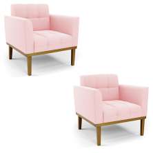 Kit 2 Poltronas Decorativas Karen Pés Fixo em Madeira Castanho Suede Rosa Bebê G19 - Gran Belo