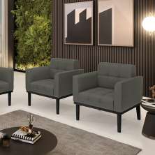 Kit 2 Poltronas Decorativas Karen Pés Fixo em Madeira Preto Linho Cinza Mesclado G19 - Gran Belo