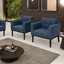 Kit 2 Poltronas Decorativas Karen Pés Fixo em Madeira Preto Suede Azul Marinho G19 - Gran Belo
