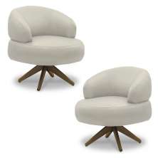 Kit 2 Poltronas Decorativas Katy Sala de Estar Base Giratória em Madeira Couro Bege G88 - Gran Belo
