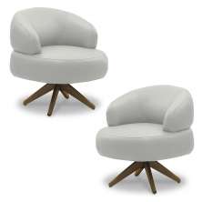 Kit 2 Poltronas Decorativas Katy Sala de Estar Base Giratória em Madeira Couro Off White G88 - Gran Belo