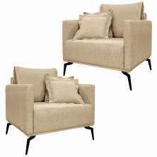 Kit 2 Poltronas Decorativas Pés em Aço Stagno Linho Bege G63 - Gran Belo