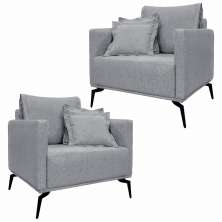 Kit 2 Poltronas Decorativas Pés em Aço Stagno Linho Cinza G63 - Gran Belo