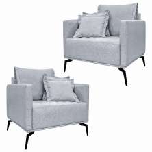 Kit 2 Poltronas Decorativas Pés em Aço Stagno Linho Cinza Rustico G63 - Gran Belo