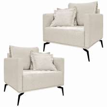 Kit 2 Poltronas Decorativas Pés em Aço Stagno Linho Off White Rústico G63 - Gran Belo