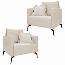 Kit 2 Poltronas Decorativas Pés em Aço Stagno Linho Pérola G63 - Gran Belo