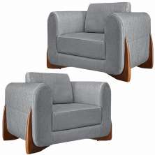 Kit 2 Poltronas Decorativas Pés em Madeira Buzz Linho Cinza G63 - Gran Belo