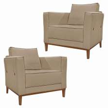 Kit 2 Poltronas Decorativas Pés em Madeira Tarantino Linho Bege G63 - Gran Belo