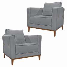 Kit 2 Poltronas Decorativas Pés em Madeira Tarantino Linho Cinza G63 - Gran Belo