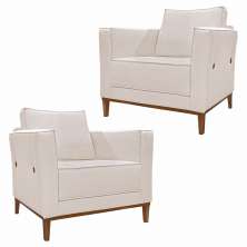 Kit 2 Poltronas Decorativas Pés em Madeira Tarantino Linho Pérola G63 - Gran Belo