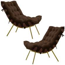 Kit 2 Poltronas Decorativas Sala de Estar Abel Base de Madeira Dourada Suede Marrom - Gran Belo