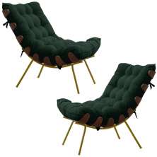 Kit 2 Poltronas Decorativas Sala de Estar Abel Base de Madeira Dourada Suede Verde G41 - Gran Belo