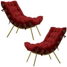 Kit 2 Poltronas Decorativas Sala de Estar Abel Base de Madeira Dourada Veludo Vermelho G41 - Gran Belo