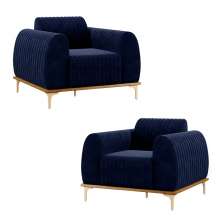 Kit 2 Poltronas Decorativas Sala de Estar Base de Madeira Euro Veludo Azul Marinho G15 - Gran Belo