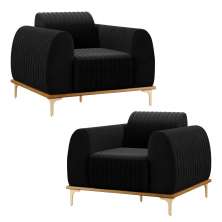 Kit 2 Poltronas Decorativas Sala de Estar Base de Madeira Euro Veludo Preto G15 - Gran Belo