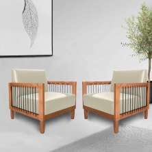 Kit 2 Poltronas Sala de Estar Pés Madeira Maciça Corda Náutica Preta 75cm Manila PU Bege G63 - Gran Belo
