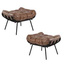 Kit 2 Puff Decorativo Sala de Estar Costela Base Preta Couro Mel G34 - Gran Belo