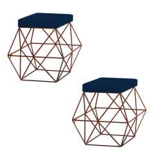 Kit 2 Puffs Decorativo Sala de Estar Base Bronze Trixie Veludo Azul G41 - Gran Belo