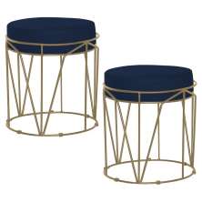 Kit 2 Puffs Decorativo Sala de Estar Base Gold Chloe Veludo Azul G41 - Gran Belo