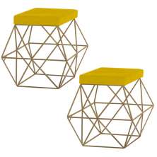 Kit 2 Puffs Decorativo Sala de Estar Base Gold Trixie Suede Amarelo G41 - Gran Belo
