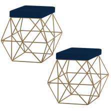 Kit 2 Puffs Decorativo Sala de Estar Base Gold Trixie Veludo Azul - Gran Belo