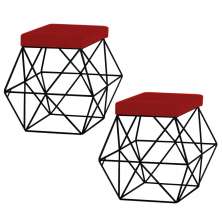 Kit 2 Puffs Decorativo Sala de Estar Base Preto Trixie Veludo Vermelho G41 - Gran Belo