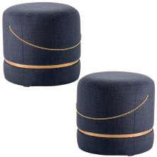 Kit 2 Puffs Decorativos Redondos Ryu Azul/Dourado G66 - Gran Belo