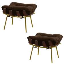 Kit 2 Puffs Decorativos Sala de Estar Abel Base de Madeira Dourada Suede Marrom G41 - Gran Belo