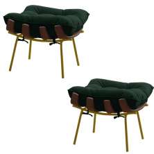 Kit 2 Puffs Decorativos Sala de Estar Abel Base de Madeira Dourada Suede Verde G41 - Gran Belo